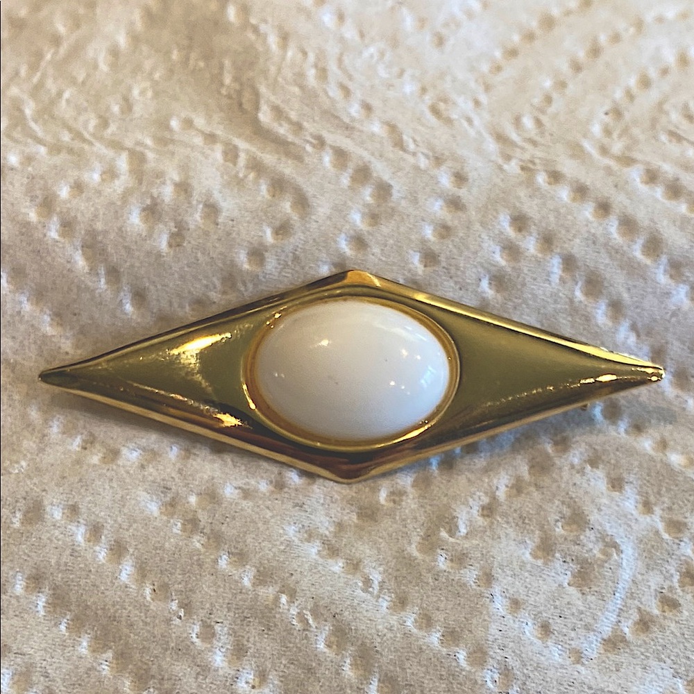 Gold Tone Abstract Brooch with White Cabochon
